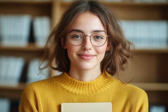 close-up photo of visually impaired professional holding braille notebook and smiling during work session in collaborative
