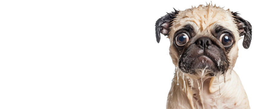portrait of a wet dog: pug with funny face expression isolated over white background; concept of  domestic animal hygiene, bathing pets, spa for pupils