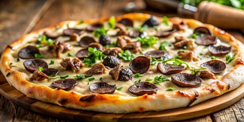 Gourmet Mushroom Truffle Pizza: Thin Crust, Rich Cream Sauce, Wild Mushrooms, Truffle Oil - Tilt-Shift Photography