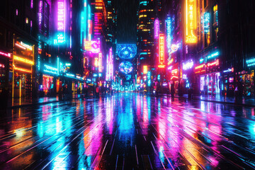 Obraz premium Futuristic cityscape illuminated by vibrant neon lights and reflections on wet streets at night