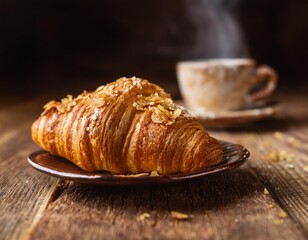 A close-up of a freshly baked croissant with golden flakes, served on a rustic wooden table with a cup of steaming coffee.
