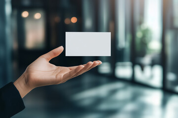 Open hand palm with blank white empty business card mockup template floating above against work office background. Corporate concept.