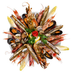 Elegant Seafood Platter with Grilled Shellfish, Lemon, and Fresh Herbs