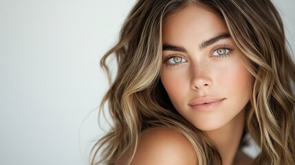 A close-up portrait of a beautiful young woman with brunette blonde ombre hair, and a serene expression, showcasing natural beauty and elegance and tranquility, professional studio portrait photograph