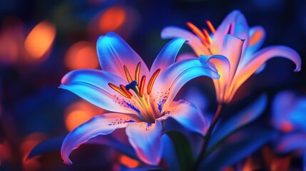 Glowing lilies at night, garden bokeh background, floral art