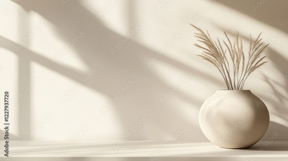 Aufkleber Soft shadows illuminate a minimalist vase with dried grass in a sunlit room. Generative AI