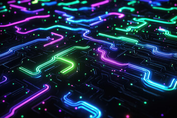Obraz premium Futuristic glowing neon circuits in electric blue, green, and purple on a sleek black digital surface with intricate patterns