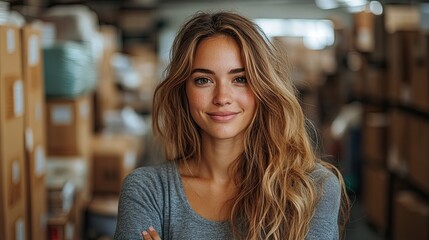 A young woman with long blonde hair smiles confidently in a warehouse setting.