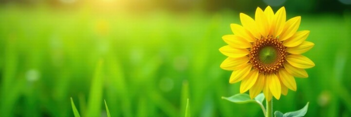 Obraz premium A single large sunflower in a field of green grass, fields, greenery