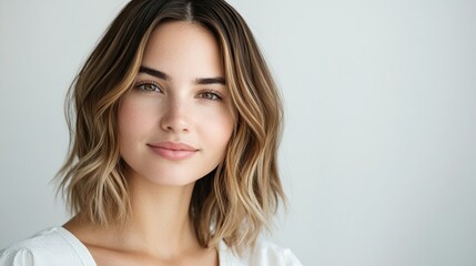 Fototapeta premium A close-up portrait of a beautiful young woman with brunette blonde ombre hair, and a serene expression, showcasing natural beauty and elegance and tranquility, professional studio portrait photograph