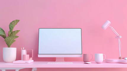A pink computer desk with a monitor, keyboard, mouse, and lamp.