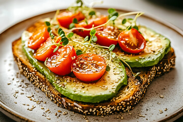 Delicious avocado toast with cherry tomatoes on whole grain bread served in a cozy kitchen setting