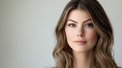 Naklejka premium A close-up portrait of a beautiful young woman with brunette blonde ombre hair, and a serene expression, showcasing natural beauty and elegance and tranquility, professional studio portrait photograph