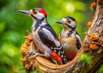 Fototapeta premium Great Spotted Woodpecker Couple at Nest - Wildlife Stock Photo