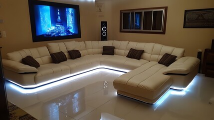 Modern Led Lit Sectional Leather Sofa Home Theater Setup