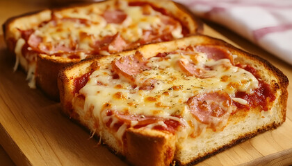 Tasty pizza toast on table, closeup view