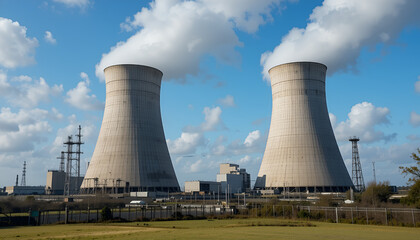 Fototapeta premium Modern Nuclear Power Plant with Cooling Towers and Steam Emissions