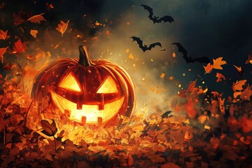 Mysterious Haunted House on a Foggy Halloween Night with Glowing Jack-o’-Lanterns, Flying Bats, and an Eerie Gothic Atmosphere