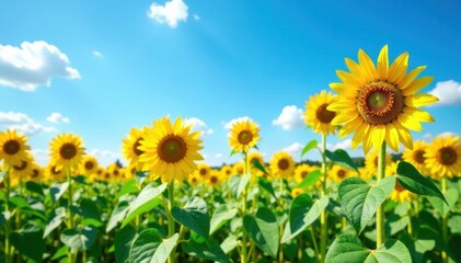 Fototapeta premium A field of sunflowers standing tall against a bright blue sky, open, sunflower