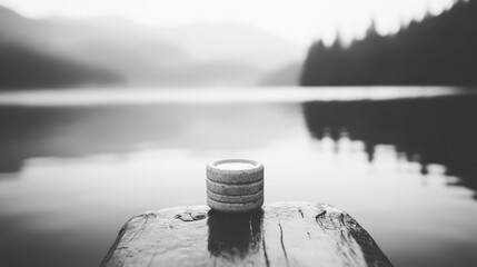 Stacked stones on wooden dock by calm lake.