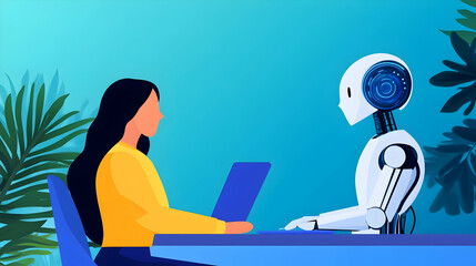 A young woman and an advanced robot engage in a vibrant, lush setting