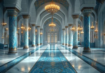 Obraz premium Ornate Mosque Interior with Blue Tiled Columns and an Elaborate Chandelier