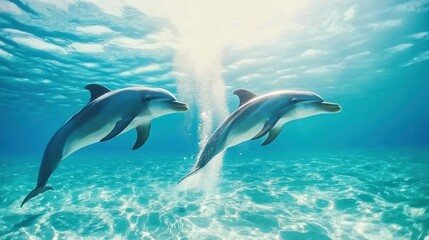 Fototapeta premium Two dolphins swimming underwater in clear ocean water, sunlight shining above.