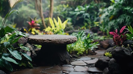 Stone Table Amidst Lush Tropical Garden Foliage
