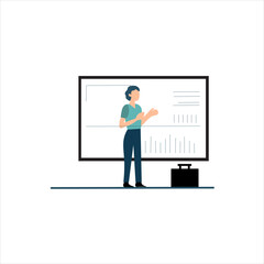 A stylized illustration of a person giving a presentation in front of a whiteboard.