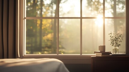Fototapeta premium Sunlit bedroom with window view of autumn trees.