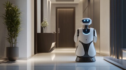 A humanoid robot managing home security in a high-tech entrance hall, with advanced surveillance equipment and a sleek design, Security style