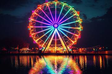 Glowing carnival ferris wheel illuminates the night sky with vibrant reflections on water