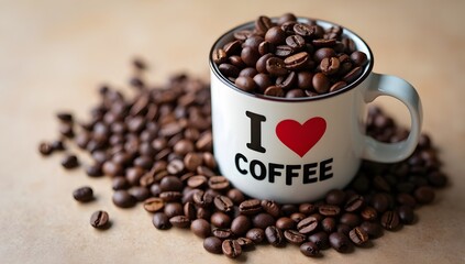 Obraz premium Relaxing Coffee Moment: Mug and Beans on Tabletop