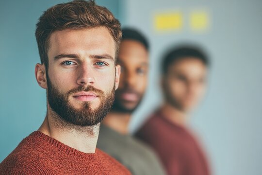 close-up photo of multicultural team in brainstorming session with sticky notes and laptops visible in blurred background
