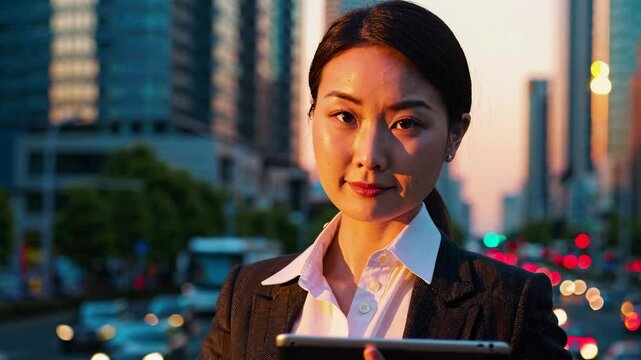 Portrait of successful business asian woman standing looking forward at outdoors in city