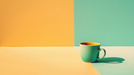 A green coffee mug sits on a light yellow and light teal background.