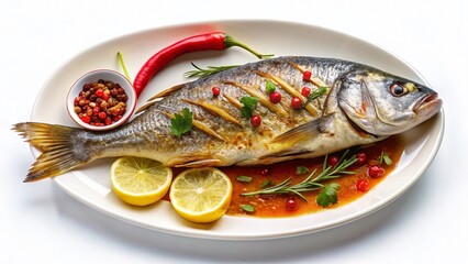 Grilled Barramundi with Spicy Chili Garlic Sauce & Lemon - High Angle View