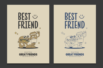 retro burger and coffee cup poster with funny cartoon characters, vector illustration