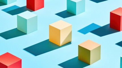 Obraz premium Colorful cubes arranged on a blue background casting shadows.