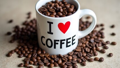 Fototapeta premium Coffee Mug with Heart-Shaped Design and Coffee Beans