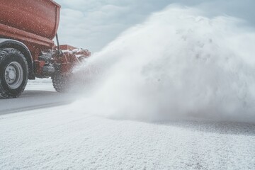 close-up photo of large snowblower attachment ejecting snow into truck clearing city road under overcast skies