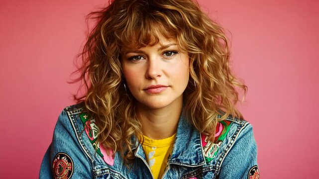 Young woman in denim jacket poses confidently against a vibrant pink background during a casual photoshoot