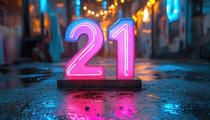 Neon 21 Sign on Wet Street at Night with Festive Lights