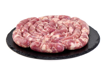 Obraz premium Raw Chopped Meat Sausages Isolated on White Background.