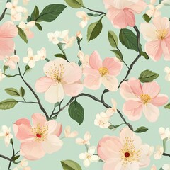 Floral pattern featuring pink blossoms and leaves on a light green background in a decorative design. Seamless Pattern, Generative AI