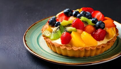 sweet treat with an 8K image of a mouthwatering fruit tart with a buttery crust, filled with a creamy custard and topped with a colorful array of fresh fruits.