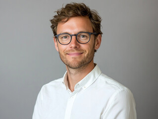 Headshot of an attractive European man in his early thirties with wavy hair and glasses,