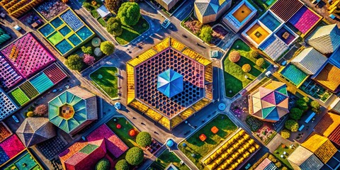 Obraz premium Halftone Geometric Shapes Drone Aerial Photography: Square, Circle, Triangle, Hexagon