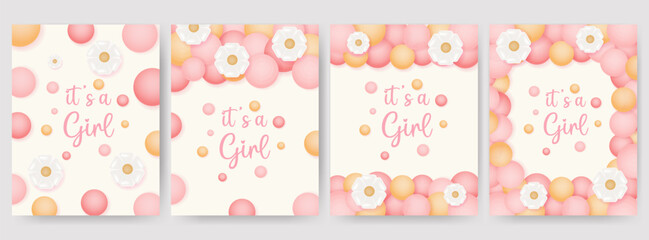 Set of baby shower design with bunny, sky, socks, pacifier and dress on pink background. It's a girl design.