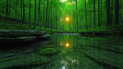 Obraz premium Serene Sunset Over Forest Stream And Rocks